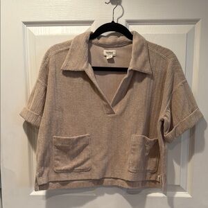 UPWEST Tan Beige Terry Cloth Short Sleeve Crop Shirt